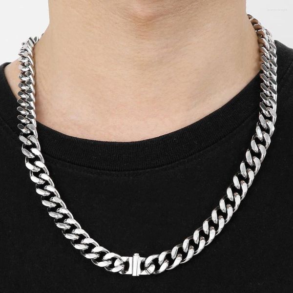 Cadenas Collar de cadena de eslabones cubanos de 12 mm de ancho para hombres Gargantilla de acero inoxidable pulido Collares Accesorios de joyería masculina clásica