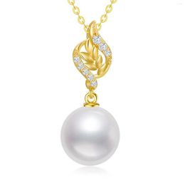 Chaînes 14K Gold Diamond Feuilles Collier de perles pour femmes Anniversaire Bijoux Cadeaux d'anniversaire 0.1ct 9mm Culture d'eau douce