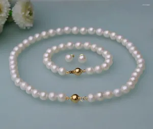 Chaînes 14K véritable 7-8mm blanc d'eau douce véritable collier de perles de culture bracelet boucle d'oreille