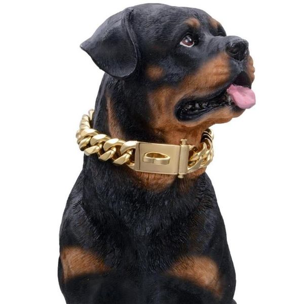 Chaînes 15mm collier de collier d'or pour chien de compagnie Stong en acier inoxydable liens métalliques Slip chaîne formation grandes races-Rottweiler298C