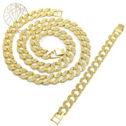 Kettingen 15 mm Hip Hop Iced Cuban Round Link Chain Ketting Bracelet Set CZ Gold Choker Rapper 2023 Sieraden VP890