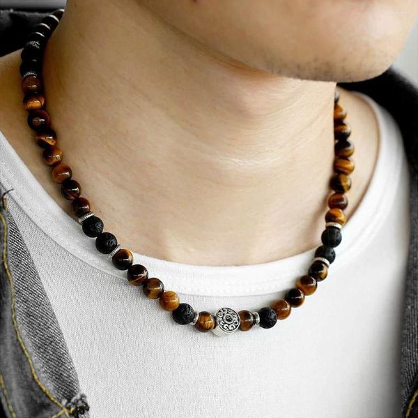 Cadenas 18 pulgadas Natural Tiger Eyes Stone Lava Bead Gargantilla Collar para hombres Mujeres Acero inoxidable con cuentas Charm Extension Link DNM22A