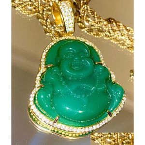 Chaînes Finition Plaqué Or 18K Laboratoire De Jade Vert Diamants Simulés Bouddha Riant Glacé Pendentif Collier Cz Bijoux Drop Delivery Nec Dhg42