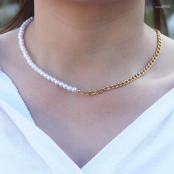 Cadenas de acero inoxidable chapado en oro de 18 quilates, collar de perlas de cadena media cubana para mujer, gargantilla, joyería Bohemia, enlace de clavícula, regalo de dama de honor