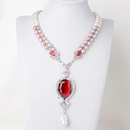 Chaînes 19 '' 2 brins de culture blanc/rose/violet perle cristal rouge collier pendentif Keshi