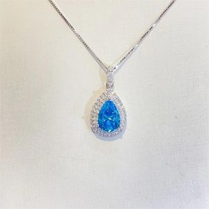 Chaînes 1CT 2CT Mer Bleu Goutte D'eau Diamant Pendentif Brillant Coupe Femme Bijoux De Luxe 925 Collier En Argent Mariée Mariage Délicat Cadeau