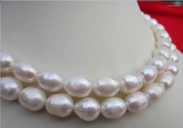 Chaînes 2 rangées classique 14mm mer du Sud baroque collier de perles blanches 17 pouces fermoir jaune