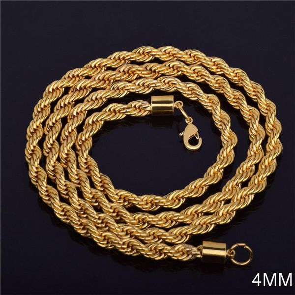 Cadenas 2021, venta al por menor, collar largo dorado para hombre, 4mm, 16,18,20,22,24,26,28,30 pulgadas, cadena de cuerda torcida, accesorio de joyería