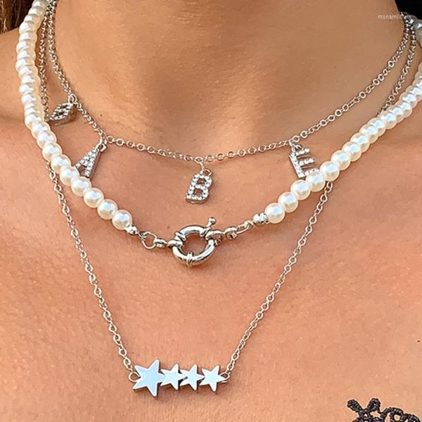 Cadenas 2022, conjunto de collar con colgante de letras de diamantes de imitación para mujer, cadena larga de estrella dorada de estilo bohemio, regalo de Navidad