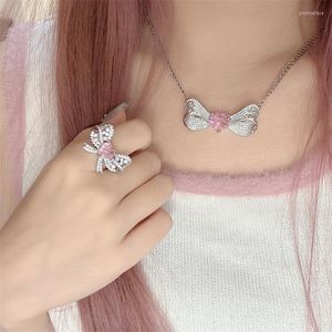 Kettingen 2023 Cherry Blossom Pink Heart Set Sweet Cool Small Fresh Necklace Dames Ins Net Red Ring Opening Premium Little Book