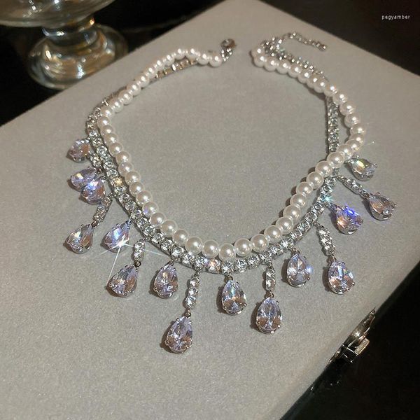 Chaînes 2023 luxe perle colliers ras du cou pour femmes gland goutte d'eau Zircon cristal mariage Banquet bijoux
