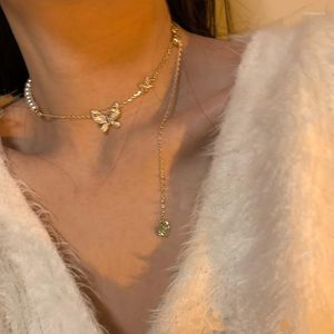 Chaînes 2023 Perles Long Gland D'or Incrusté Zircon Papillon Collier Femmes De Mode Boucles D'oreilles Bijoux De Mariage Cadeaux D'anniversaire