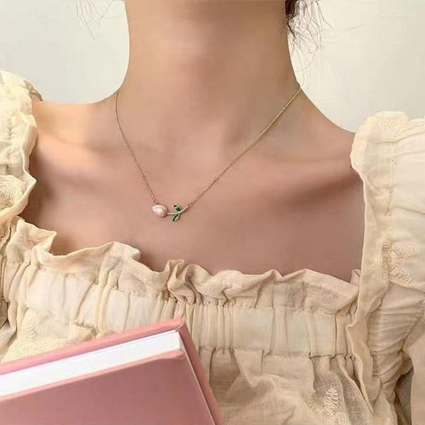 Chaînes 2023 rose émail tulipe fleur pendentif colliers pour femmes clavicule chaîne tour de cou collier fête bijoux accessoires