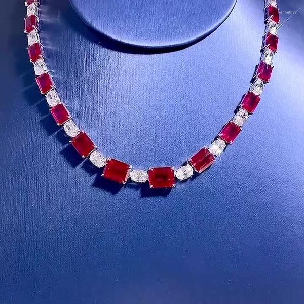 Chaînes 2023 S925 Silver Pigeon Blood Red Single Row Full Diamond Collier Chaîne 38 5mm Collier