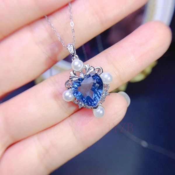 Chaînes 2023 argent Sterling naturel topaze pendentif pour les femmes conçu en forme de coeur bleu Zircon collier bijoux de fête