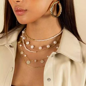 Chaînes 2023 conception Unique femmes dame bijoux plaqué or mélange trombone chaîne de Tennis perle perlée mode collier ras du cou