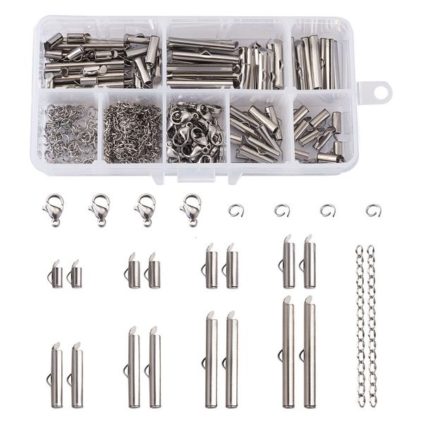 Cadenas 260pcs caja de acero inoxidable Crimp End Beads Slide On Broche Hebillas Tubos Anillos de salto Cierres de garra de langosta DIY Fabricación de joyas 230710