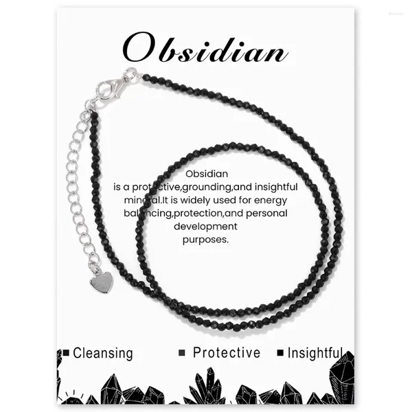 Cadenas 2 mm Collar de cuentas de obsidiana Piedra natural Amatistas Labradorita Turquesa Gargantilla de cristal con tarjeta Cadena de clavícula para mujeres Hombres