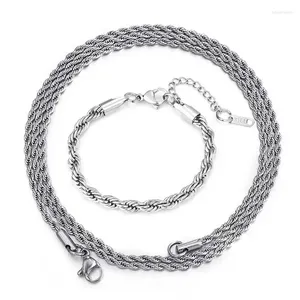 Kettingen 2 stks Zilver Kleur Punk Ketting Armband Set Voor Mannen En Vrouwen Eenvoudige Hip Hop Twisted Twist Touw Ketting met Koperen Lobste