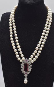 Chaînes 2 rangées de perles d'eau douce blanches, presque rondes, collier de 8 à 9mm, perles naturelles en Zircon rouge, vente en gros de 17 à 18 pouces