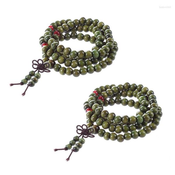 Chaînes 2x perles de bois de santal vert olive bouddha bouddhiste Mala collier extensible chapelet 29 pouces