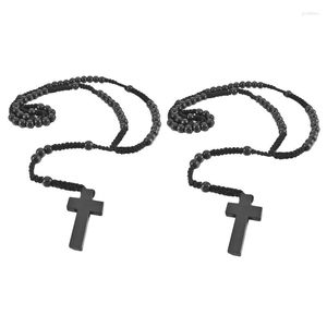 Chaînes 2X Collier Pendentif en Bois Croix Noire Perles Rétro 24 Pouces Chapelet Chaîne Homme Femme