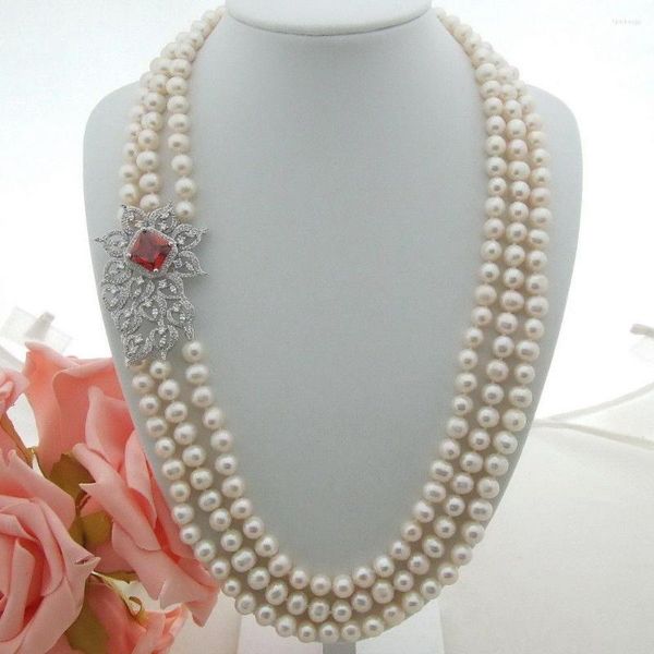 Chaînes 3 Rangs 7-8mm Blanc Perle De Culture D'eau Douce Micro Incrustation Zircon Accessoires Fleur Connecteur Chandail Collier Long 54-60 Cm