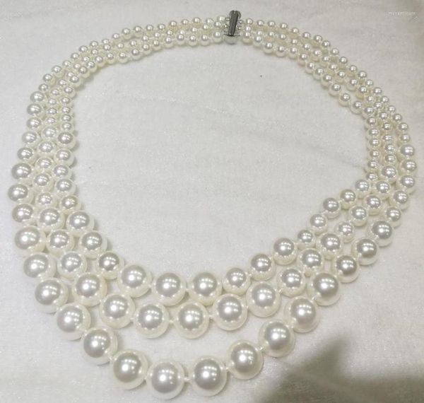 Chaînes 3 brins 6-10mm collier de perles de coquille ronde blanche bijoux de femme de la mer du sud naturelle 45cm 18 ''35cm