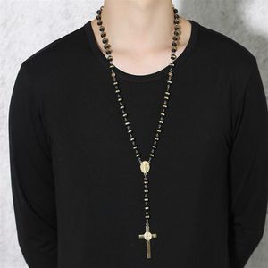 Chaînes 30 8mm en acier inoxydable chapelet perles collier noir et or couleur avec saint jésus-christ crucifix croix pendentif hip-h298p