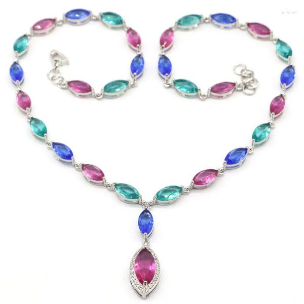 Chaînes 35g CHAÎNE DE COLLIER EN ARGENT MASSIF 925 Violet Tanzanite Bleu riche Aigue-marine Rose Tourmaline Rouge Rubis sanguins Blanc CZ