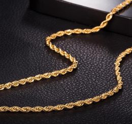 Cadenas Collar de cadena de cuerda delgada de 3 mm para mujeres Hombres 18k Goldia amarilla llena de oro
