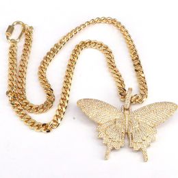 Chaînes 3 pièces grande taille zircon cubique papillon pendentif breloque cubaine lien-chaîne Bling femmes collier bijoux GoldenChains