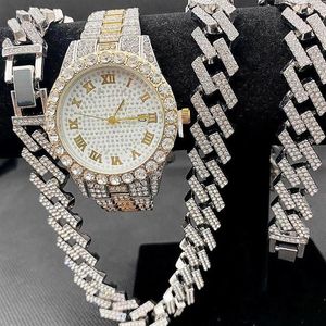 Chaînes 3pcs Hip Hop Bijoux pour hommes Femmes Iced Out Montre Colliers Bracelet Bling Miama Cubain Collier Diamant Or Initial Charms257w