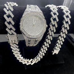 Catene 3 pezzi Orologi ghiacciati per uomo Orologio in oro 15mm Bracciale a maglie cubane Collane con diamanti Gioielli Hip Hop Uomo Orologio253M