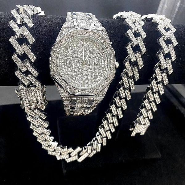 Chaînes 3PCS Iced Out Montres Pour Hommes Montre En Or 15mm Cubain Lien Bracelet Colliers Diamant Hip Hop Bijoux Homme Horloge