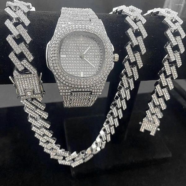 Cadenas 3 unids Relojes helados para hombres Reloj de oro Pulsera de enlace cubano Collares Diamante Hip Hop Conjunto de joyas de lujo para hombres