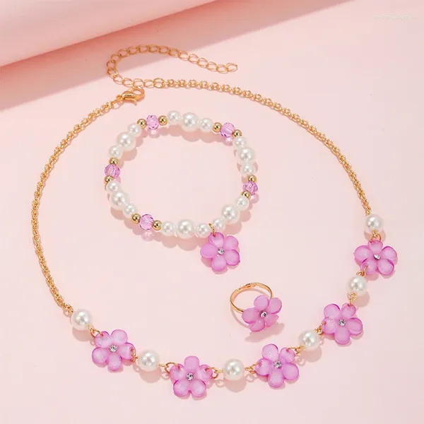 Chaînes 3pcs / ensemble Collier de chaîne de charme de fleur avec perles Bracelet Ring Jewelry Ensemble pour filles Gérose Générale d'anniversaire Gift