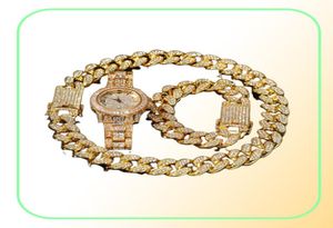Chaînes 3 pièces ensemble hommes Hip Hop glacé Bling chaîne collier Bracelets montre 20mm largeur colliers cubains Hiphop charme bijoux cadeaux1267974219