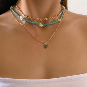 Chaînes 3 pièces/ensemble doux mignon vert perlé tour de cou pour femmes filles multicouche coeur pendentif chaîne colliers marguerite breloques bijoux 2022