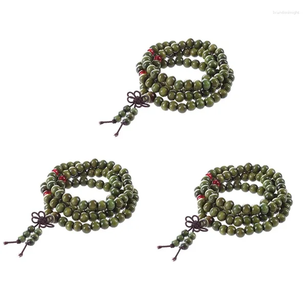 Chaînes 3X Perles de bois de santal vert olive Bouddha bouddhiste Mala Collier extensible Rosaire 29 pouces