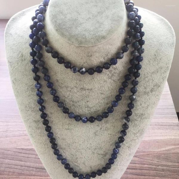 Cadenas 42 pulgadas / 60 pulgadas Collares largos Anudados a mano Piedra natural 8 MM Brasil Raya azul Collar Infinito Infinito Con cuentas Yoga Mala Cuentas