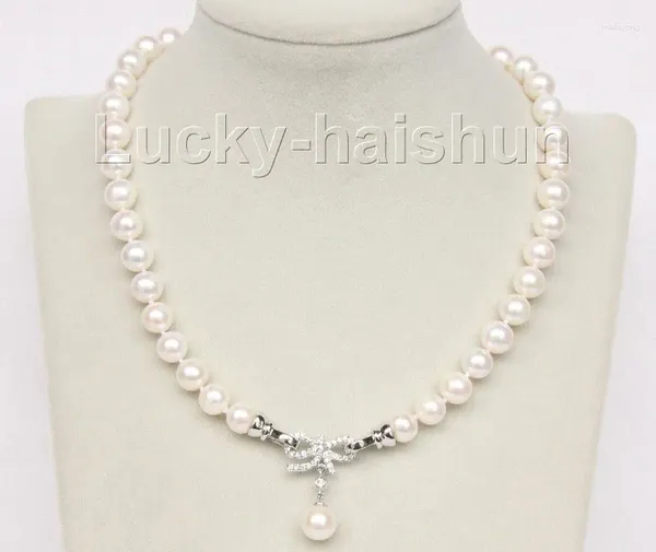 Chaines 43 cm 10 mm Collier de perles blancs rond naturels Pendant Platinum plaqué fermoir J9828 Bijoux Strand Femmes