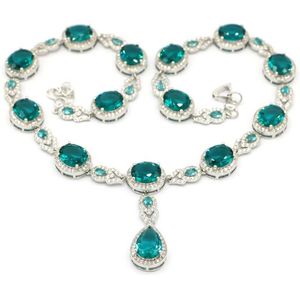 Kettingen 48x16mm Ravishing 50G Rich Blue Aquamarine London Topaz CZ Woman's Wedding Silver Necklace 19.5-20.5inchchains