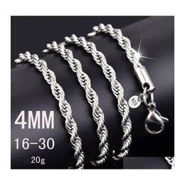 Cadenas 4Mm 925 Sterling Sier Twisted Rope Chain 1630Inches Collar de alta calidad de lujo para mujeres Hombres Joyería de moda en Bk D Otor8