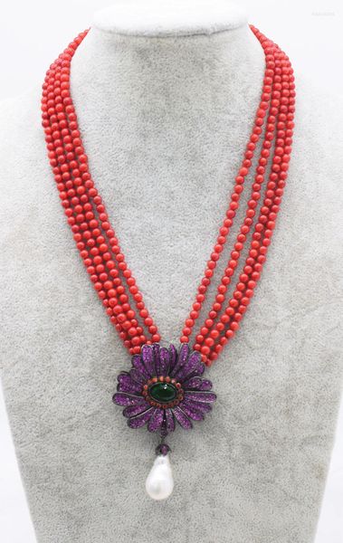 Chaînes 4rangs Rouge/rose Corail Rond 4-5mm zircon Fleur Perle D'eau Douce Blanc Perles Baroques Collier 18