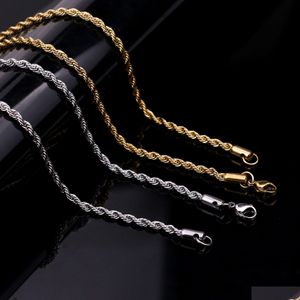 Cadenas 5-7Mm Cuerda trenzada de acero inoxidable Collares de cadena de oro para hombres Mujeres Hip Hop Gargantilla gruesa de titanio Joyería de fiesta de moda Gif Dhf8N