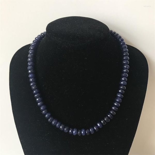 Cadenas 5 8MM Collar de piedra natural Vintage Joyería clásica Noble Deep Blue Sapphire Beaded Chain Gargantilla Regalo