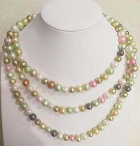 Kettingen 50 '' 127 cm vrouwen sieraden natuurlijke parel 7 mm groen wit roze gemengde magneet gesp ketting zoetwatercadeau