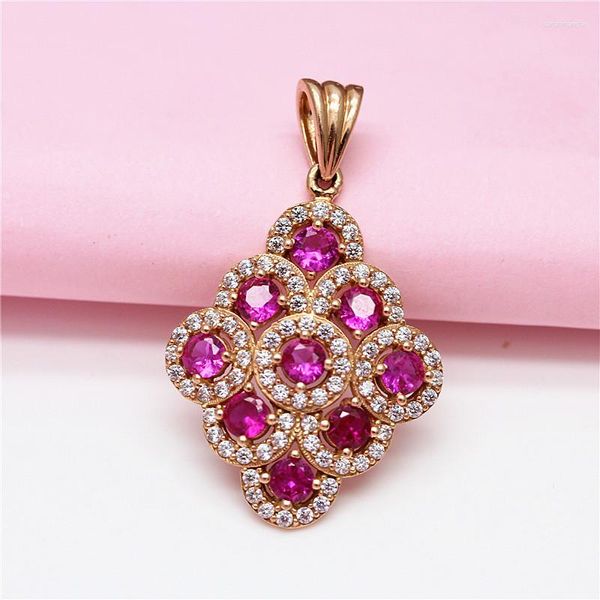 Chaînes 585 Collier de pierres précieuses roses en or violet pour femme incrusté de pendentif géométrique rose 14 carats Charm Light Bijoux de mariage de luxe