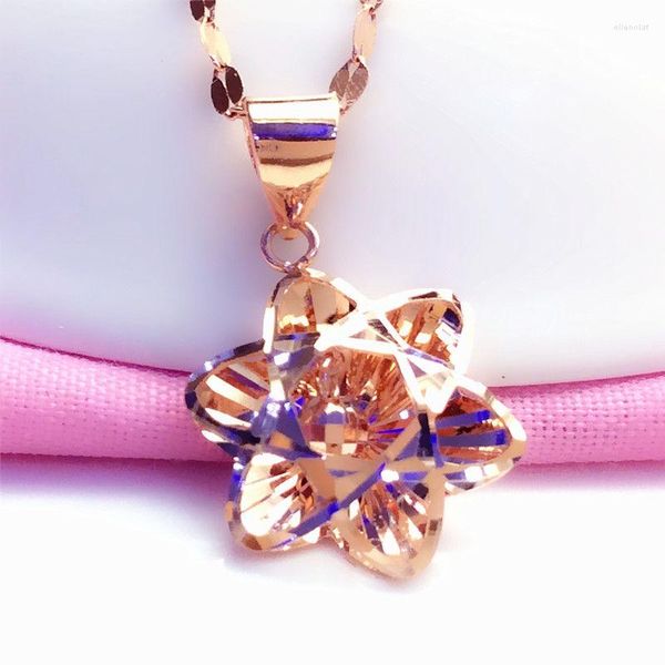 Chaînes 585 Purple Gold Plaqué 14K Rose Brillant Fleur Collier Pour Femme Boule Perle Pendentif Lumière De Luxe Mode Bijoux De Mariage